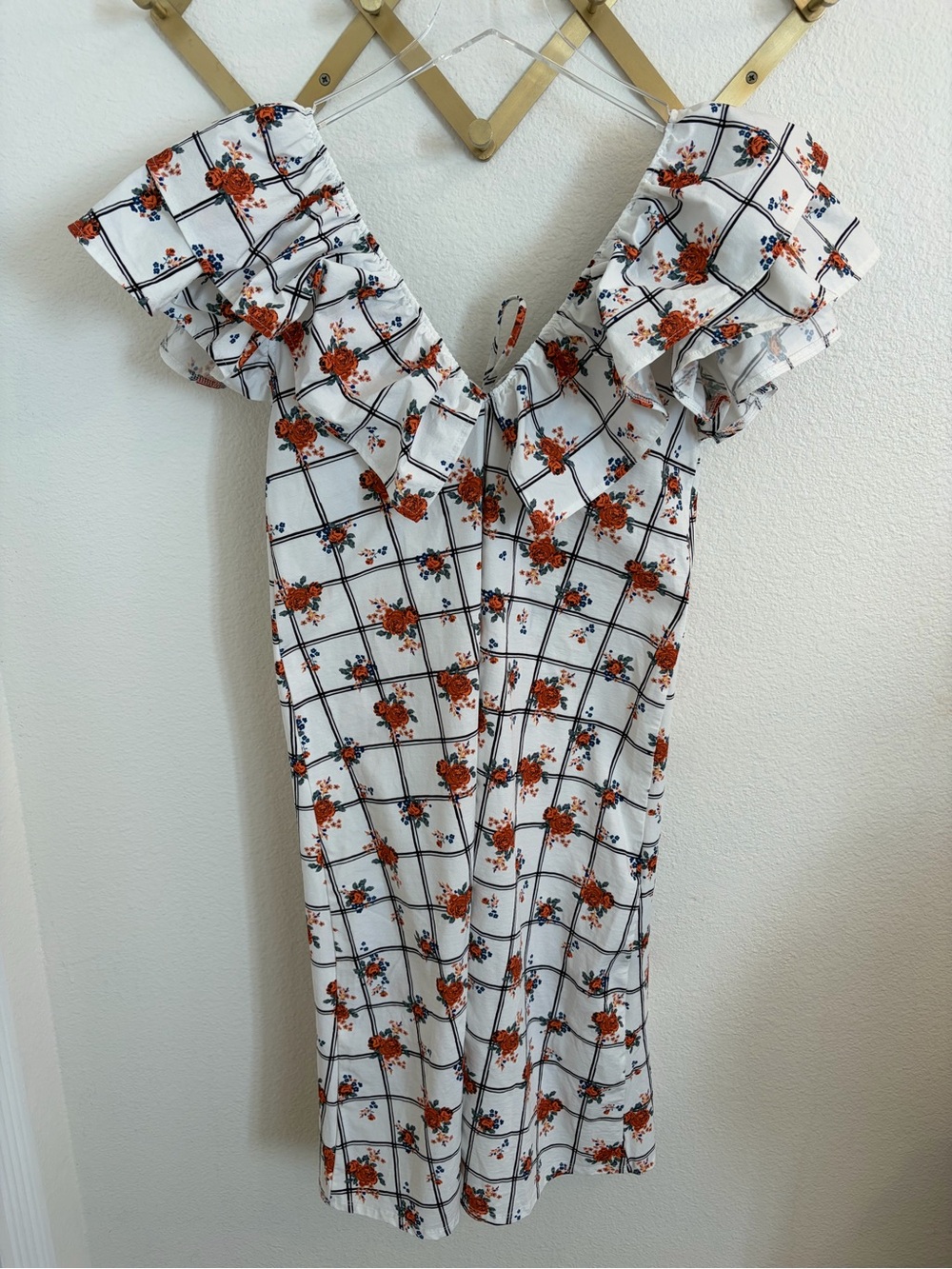 Zara White Floral Grid Ruffle Sleeve Midi Dress Large - Picture 11 of 12
